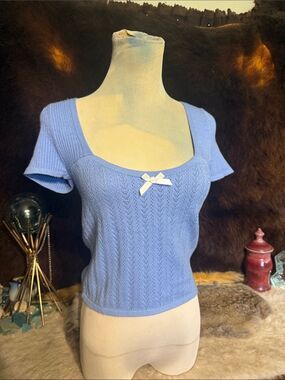 Blue Knit Short-Sleeve Scoop Neck Top M (1600)